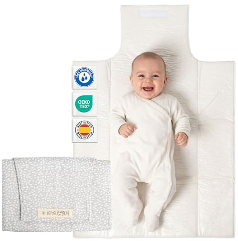 MIMUSELINA Wickelunterlage Unterwegs für Babys | Leicht und Wasserfest | Außen 100% Baumwolle, Innen Waschbar und BPA-frei | Faltbar mit praktischem Verschluss