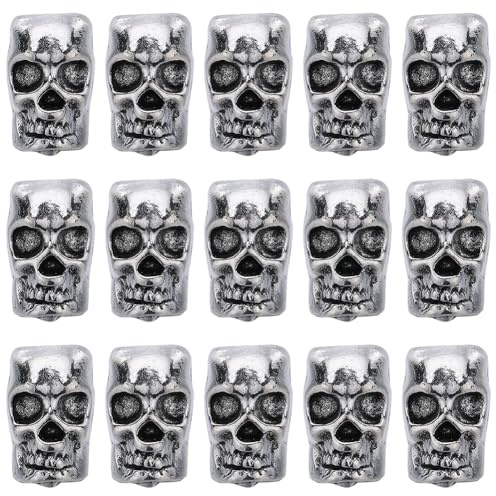 SUNNYCLUE 1 Box Mit 50 Stück Totenkopf Abstandsperlen Skelettkopf Perlen Bart Silber Antikes Tibetisches Metall Halloween Großes Loch Europäische Lose Abstandshalter Perlen Masse Für Schmuckherstellun