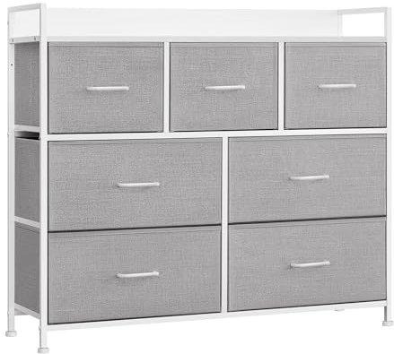 SONGMICS Commode, Armoire, Meuble de Rangement, 7 Tiroirs en Tissu avec Poignées, Cadre en Métal, Style Moderne, Gris Tourterelle et Blanc Nuage LTS523L10