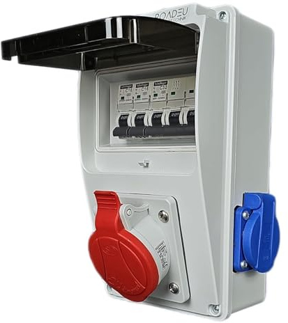 RoadEu - Coffret Electrique Etanche 32 A 5P - 2 x 230 V - Répartiteur de courant de chantier 32 A avec disjoncteur automatique - Répartiteur CEE - Distributeur de courant extérieur étanche IP44