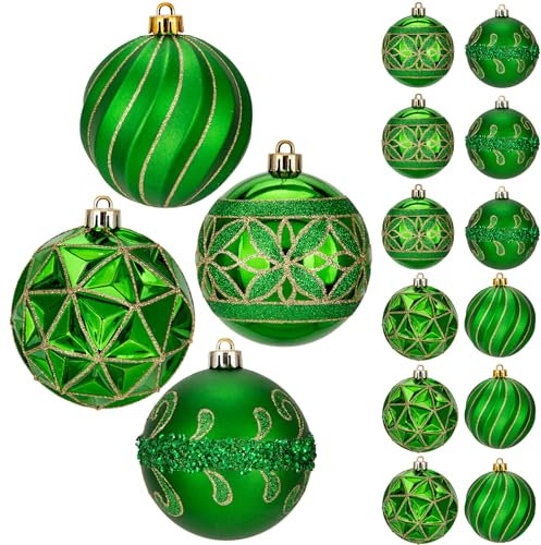 Hollyone 12PCS Grün Weihnachtskugeln Ornamente Set 8CM Glitzernde Christbaumkugeln für Weihnachtsdekorationen Handbemaltes Hängendes Weihnachtsschmuck für Weihnachtsbaum Urlaub Party