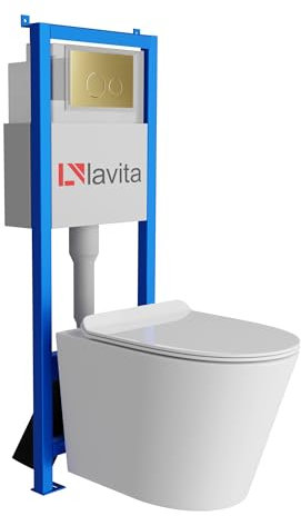 Lavita LAV 101 - Elemento da parete per WC 40 cm + parete sospeso WC Galve bianco senza bordi + pannello di controllo LAV 200.4.5 oro | Set completo | Cassetta di risciacquo da incasso | WC completo