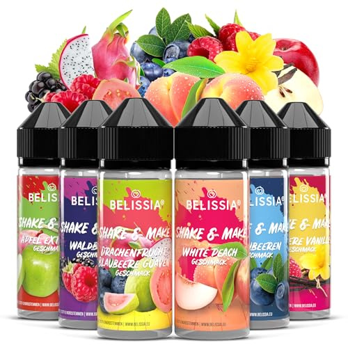 Belissia Shake and Make Set Greatest Hits 6x10ml Aroma + Schüttelflasche | Lebensmittelaroma, vegan, ohne Zusatzstoffe, 120ml Flasche, für Backen, Speisen, Getränke, Shakes, DIY und Raumduft