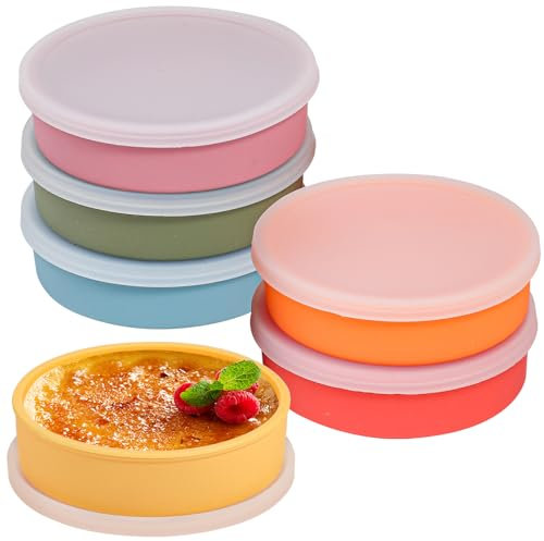Koluti Silicone Ramekins set of 6, 4oz Shallow Creme Brulee Bowl with Lid, Oven Safe Souffle Baking Mini Dish, Pudding Dessert Dipping Sauce Cups, BPA Free, Microwave & Freezer & Dishwasher Safe
