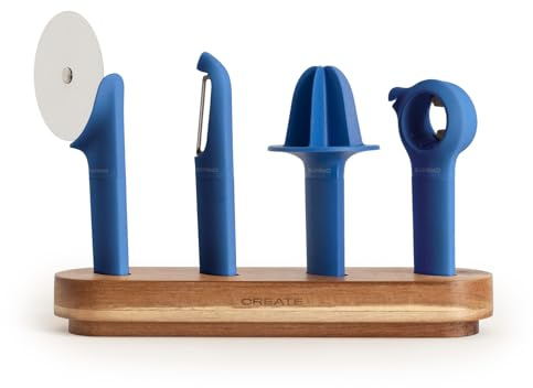 CREATE/Lot de 4 ustensiles de cuisine blue cobalt/Support en bois, épluche-fruits et légumes, presse-agrumes, coupe-pizza, ouvre-boîte multifonctions, lavable au lave-vaisselle