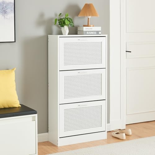 [en.casa] Scarpiera a 3 Contenitori Ribaltabili Mobile Portascarpe Salvaspazio per 12 Paia di Scarpe 115 x 60 x 24 cm per Ingresso Corridoio - Effetto Rattan/Bianco