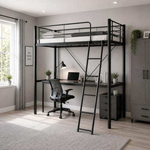 Reinforced Beds Newton High Sleeper Bed Frame, Heavy Duty Metal Loft Bed for Kids & Teens, 90 x 190 cm Single, Black, Reinforced Steel Frame, Reversible Ladder, 147cm Underbed Clearance, Space Saving
