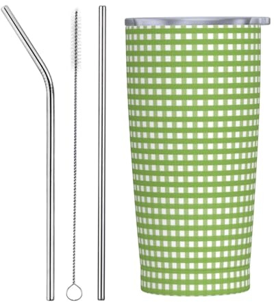Vaso de 20 onzas con tapa y popote, vaso aislado de acero inoxidable a cuadros verdes, vaso de café personalizado, botella de agua