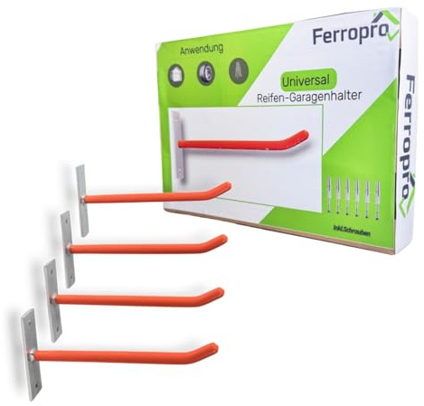 Ferropro Garagenhalter - Reifenhalter Wandhalterung für 4 Felgen - Gummierte Aufhängung - mit Schrauben und Dübel Set