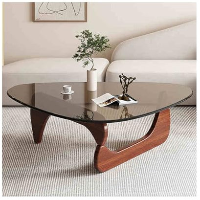 Table basse moderne avec plateau en verre trempé et pieds en bois massif Marron Pieds en noyer Idéal pour les salons et les chambres