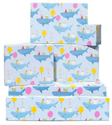 haj presentpapper - 6 ark blått presentpapper för kvinnor - gåvor och ballonger - presentpapper för barn födelsedag - levereras med klistermärken - av Central 23