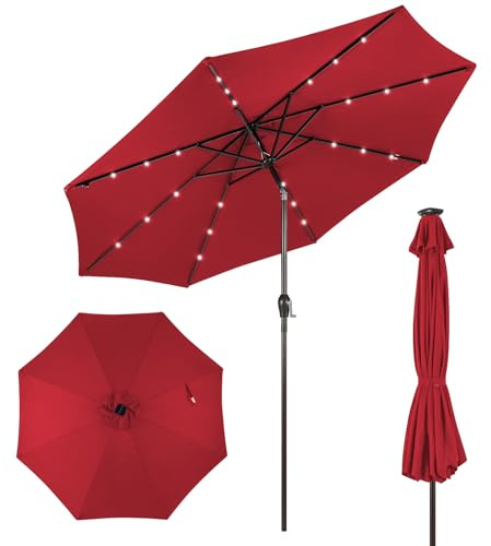 KOMFOTTEU Sonnenschirm 300 cm mit LED, Gartenschirm knickbar, Terrassenschirm mit Kurbel & 8 Rippen & Sonnenschutz, Marktschirm Ampelschirm für Garten, Balkon