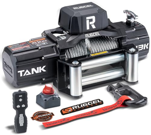 RUGCEL 13500lb Waterproof Electric Winch – 12V Steel Cable (82' x 7/16) with Roller Fairlead, 2-in-1 (Wireless + Wired) Remote, for Truck, SUV & Trailer