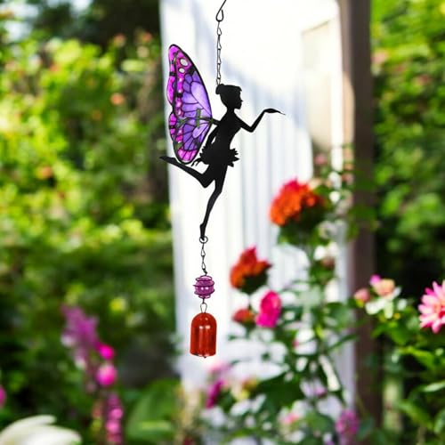 Fairy Bell Wind Chime – Hanging Metal Garden Ornament with Soothing Chimes – Weather-Resistant Outdoor Décor for Patio, Porch & Home – Multiple Colors (43cm x 12cm x 12cm) (Purple)