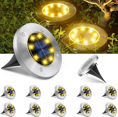 Luces Solares Para Jardín Exterior, Luces Solares de Disco Para Terraza, iluminación de Caminos Exterior con 8 LED, IP65 Resistente al agua, Para jardín, Césped, Camino, Patio, Paisaje - Blanco Cálido