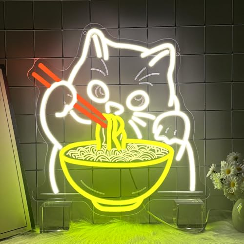 RuCvixkt Ramen Cat Neon Sign Warm White Cat Eating Noodles LED Sign for Wall Decoration, LED Neon Light Sign for Baby Girls Room Resturant Home Bar Kitchen Dinning Bedroom Art Decor