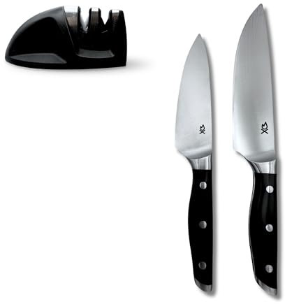 Cuchillo cocinero, Set de 2 cuchillos para cocina profesional (20 cm y 15 cm) con afilador – acero inoxidable para carne, pescado, verdura y fruta. Mango con arcos ergonómico y antideslizante