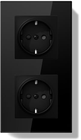 BSEEDLIFE Enchufe Pared,Doble Enchufe Doble Pared Schuko Normas Europeas,157 * 86mm 2 Gang 16A,Marco de Cristal,Fácil Instalación,Negro