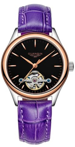 Guanqin Damen-Skelett-Automatikuhr, selbstaufziehend, mechanisch, Saphirglas, doppelseitig, hohl, wasserdicht, Vintage-Stil, leuchtend, Edelstahl oder Lederband, Rosa, Schwarz, Violett, Klassisch