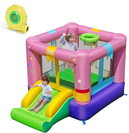 COSTWAY Château Gonflable Enfant avec Toboggan et Souffleur 480W, Maison de Saut Gonflable en Tissu avec Panier et Sac, Intérieur Extérieur, Charge 90kg pour 2 Enfants de 3-12 Ans (avec Souffleur)