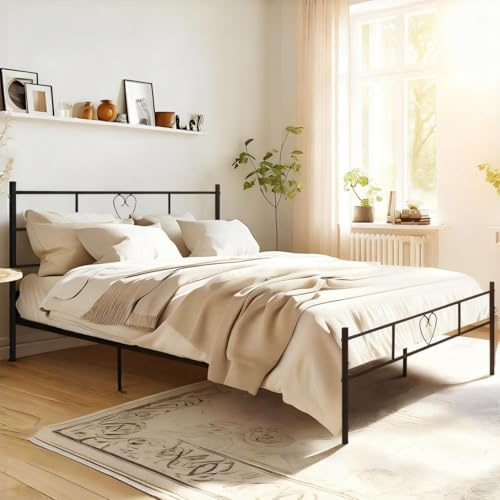 buybyroom Double Bed Frame, Metal Bed Frame with Headboard, Footboard and Solid Slatted Base, 80cm Height, Fit for 140 x 190 cm Mattress, Black