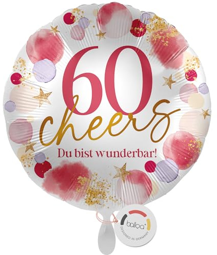 balloa Folienballon XXL 60 Cheers Du bist wunderbar, großer Geburtstagsballon für Frauen zum sechzigsten Geburtstag, Zahl 60 als Helium Ballon, Luftballon wird ungefüllt geliefert, 53cm