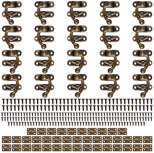 INJOYTEC 20 Sets Small Box Hinges Antique Vintage Lock Clasp Right Latch Hook Hasp Vintage Bronze Hinge with Matching Screws Kit for Decorative Small Wooden Box Cabinet Suitcase and DIY Handicrafts