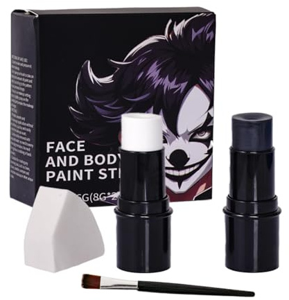 Halloween Face Painting Kit, Black and White Face Paint Makeup with Brush and Sponge, Halloween Skeleton Zombie Clown Makeup Face Paint for Halloween Fancy Dress Party Cosplay Art Theater Body and Fac