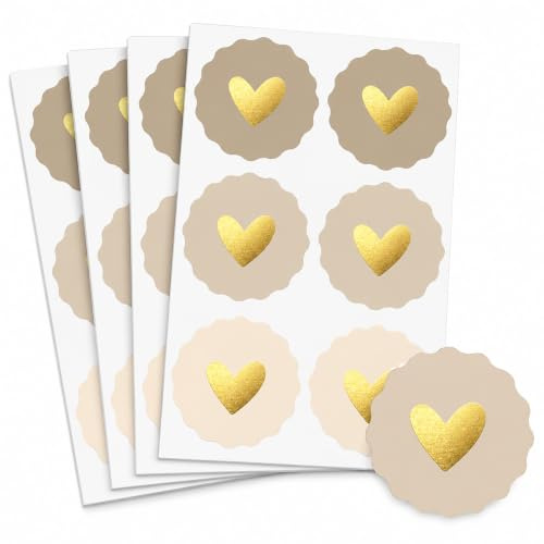 Herz Sticker Gold 60 Stück – XL Größe Ø5 cm – Aufkleber mit Goldfolie – Rund, Wellenrand – Für Verpackung, Geschenke, Hochzeit, Handgemacht (60 Stück (10 Bögen), Herz)