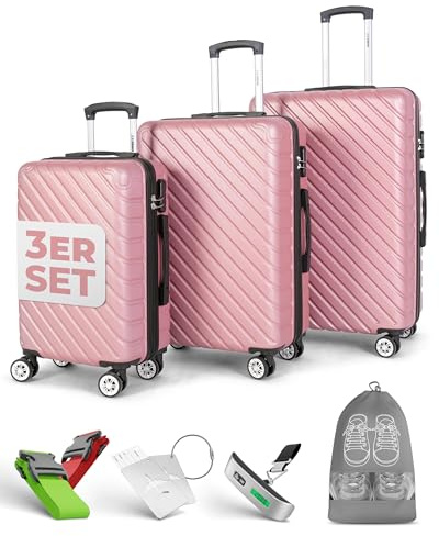 Onbest 3er Kofferset XXL 20/24/28 Zoll Rose Gold mit Kofferwaage | ABS-Hartschalenkoffer mit Rollen, Reisegepäck-Set aus Reisekoffer, Trolley und Rollkoffer, digitale Waage