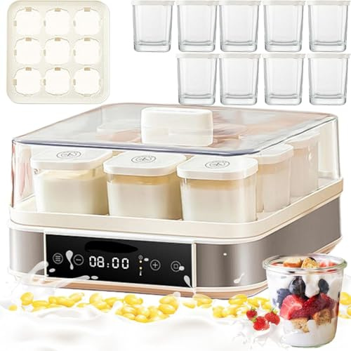 Yogurt Maker with Adjustable Temperature & Time Control, 9 Glass Jars (170ml each), 40W Stainless Steel Fermentation Machine for Yogurt, Greek Yoghurt, Rice Wine