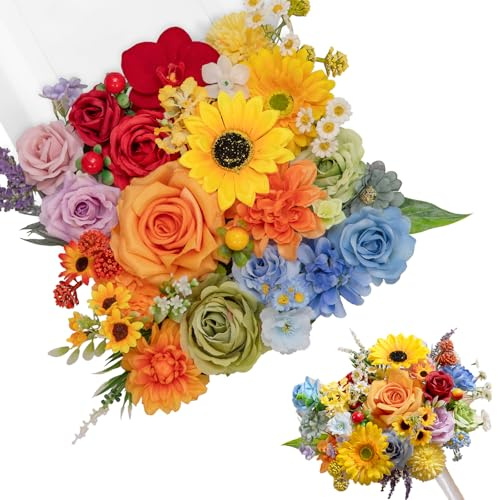 TINGE TIME Fleurs Artificielles Fleurs Soie Tournesol Roses Fausse Fleur Decoration avec Tige pour Bouquet de Mariage, Arrangement Floral, Bébé Douche, Fête Maison Décoration (Arc-en-Ciel Coloré)