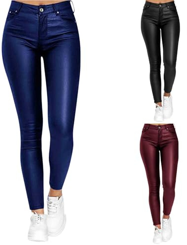 Leggings I Konstläder, Push-up-leggings I Läder Med Hög Midja, Långa, Åtsittande Läderleggings For Kvinnor, Byxor I Läderlook Upp Till Plusstorlekar, Wetlook(Blue,S)