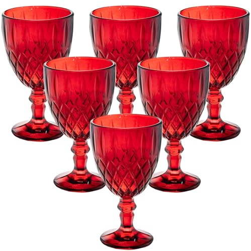 Vintage Wine Glasses Set of 6, 11 Ounces Colored Glass Water Goblets, Colorful Unique Embossed Pattern High Clear Stemmed Glassware Wedding Party Bar Glass Drinking Cups Red Fancy Glasses