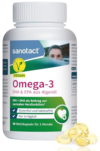 sanotact Omega-3 Vegan – 90 Weichkapseln mit DHA & EPA aus Algenöl – Glutenfrei & laktosefrei – Für Herzfunktion¹ – Nur 1x täglich – 3-Monatsvorrat