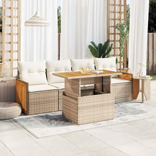 Frdhee Muebles de balcón Muebles de exterior Muebles de jardín, 5 piezas, conjunto de sofá de jardín con cojín Beige Poli ratán acacia, grupo de asientos de jardín para jardín, terraza, balcón, fácil