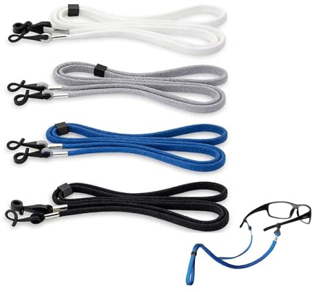 HoxzoDa Lot de 4 Cordons pour Lunettes Réglables, Cordon Lunettes Sport Anti-Glisse en Polyester pour Homme, Femme et Enfant – Pour Lunettes de Soleil et Sport, Noir, Blanc, Bleu, Gris Clair