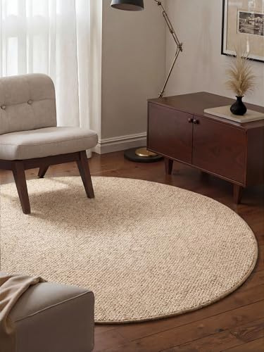 Hanse Home Wolly Teppich Rund – Wohnzimmerteppich Flachgewebe Kurzflor Woll-Optik Wolle Skandi-Look Esszimmer, Wohnzimmer, Kinderzimmer, Schlafzimmer – Beige Braun, 133cm