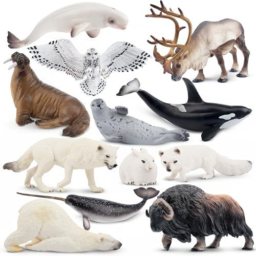 Toymany 12PCS 4-7 Large Polar Animals Figurines, Plastic Arctic Animal Toy Preschool Set Includes Polar Bear,Caribou,Whales,Walrus, Cake Toppers Christmas Birthday Toys Gift for Kids Toddlers