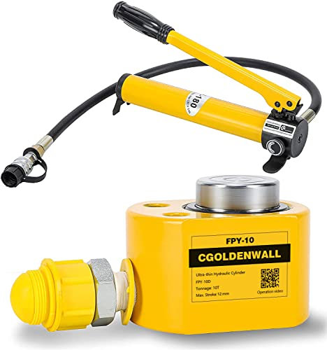 CGOLDENWALL Hydraulic Cylinder Ram 10T with Hand Pump CP-180, Stroke 12mm, Body Height 52mm, Effective Area 15.89cm², for Bridges/Building/Machinery Industries (FPY-10T+CP-180)