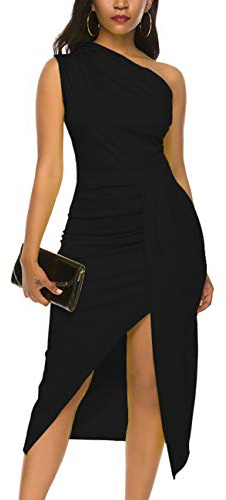 Nature Comfy LilyIn Womens Elegant one Shoulder Sleeveless Ruched High Slit Solid Color Cocktail Party Dresses (Classic Solid Black, Medium)