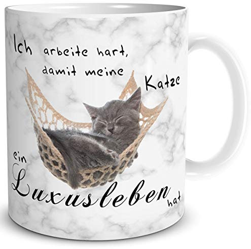 TRIOSK Tasse Katze Luxusleben lustig mit Spruch Ich arbeite hart Katzenmotiv Geschenk für Katzenliebhaber Frauen Freundin Büro Kollegin, Keramik 300ml