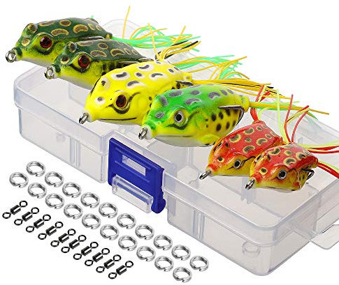 DONQL Froschköder, künstlicher Angelköder-Set mit Angelbox für Barsch, Dogfish, Moschus, Schlangenkopf, Hecht, Forelle (Mehrfarbig, 6 Froschköder mit zwei Röcken, 12 Stück)