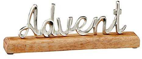 Cepewa Schriftzug Advent Weihnachten Alu Silber Mangoholz Natur Holzbase ca. 2,5 x 30 x 5 cm (HxBxT)
