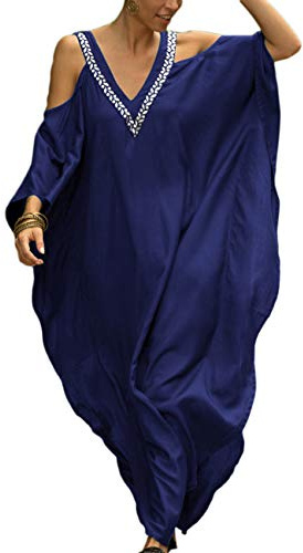 Bsubseach Mujeres Hombro frío Cuello en V Tallas grandes Bikini Traje de baño Cubrir Playa Maxi Vestido Azul marino