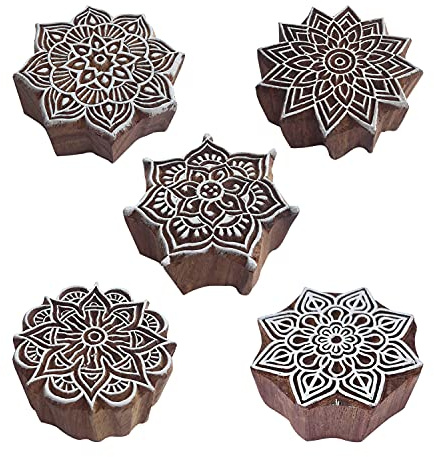 Royal Kraft Round Wooden Printing Stamps (Set of 5) - DIY Henna Fabric Textile Paper Clay Pottery Blocks Htag2209