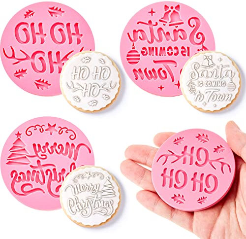 3 Pcs Merry Christmas Cookie Stamp Pink Fondant Embosser Acrylic Icing Fondant Stamp Santa Shortbread Mould Christmas Cake Decorations Baking Tools Accessories for Xmas Cupcake Pastry Biscuit