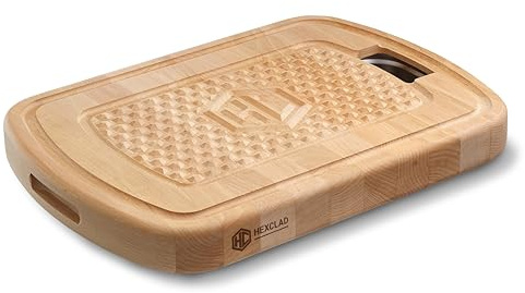HexClad Hybrid Large Beechwood Carving and Cutting Board with Stainless Steel Drip Tray, Carrying Handle, and Juice Trenches, Double-Sided