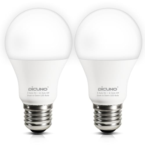 DiCUNO E27 LED Lampe mit Dämmerungssensor, 9W (ersetzt 60W), Automatische Tag-Nacht Sensorlampe, Lichtsensor Glühbirne 5000K Kaltweiß, 800lm, Außenbeleuchtung, nicht dimmbar, 2er Pack