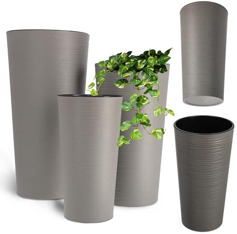 KADAX 3er Set Blumentopf mit Holzspänen, eleganter Übertopf mit herausnehmbarer Einlage, Blumentopfschutz für Büro, Blumenkübel, Topf, Gartenschale (grau, 3er Set - 19,25,30cm)